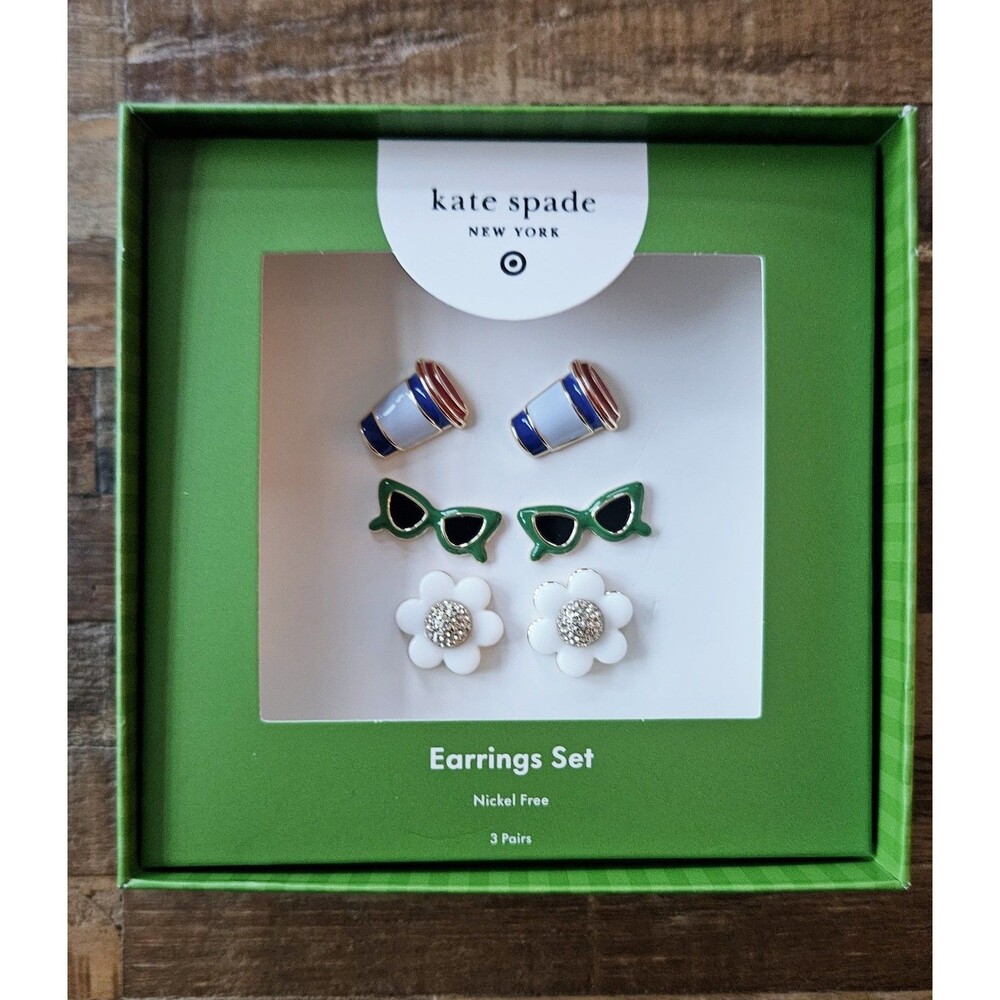 Kate Spade X Target Stud Earrings Sunglasses Flowers Coffee 3 Pairs w/ Gift Box